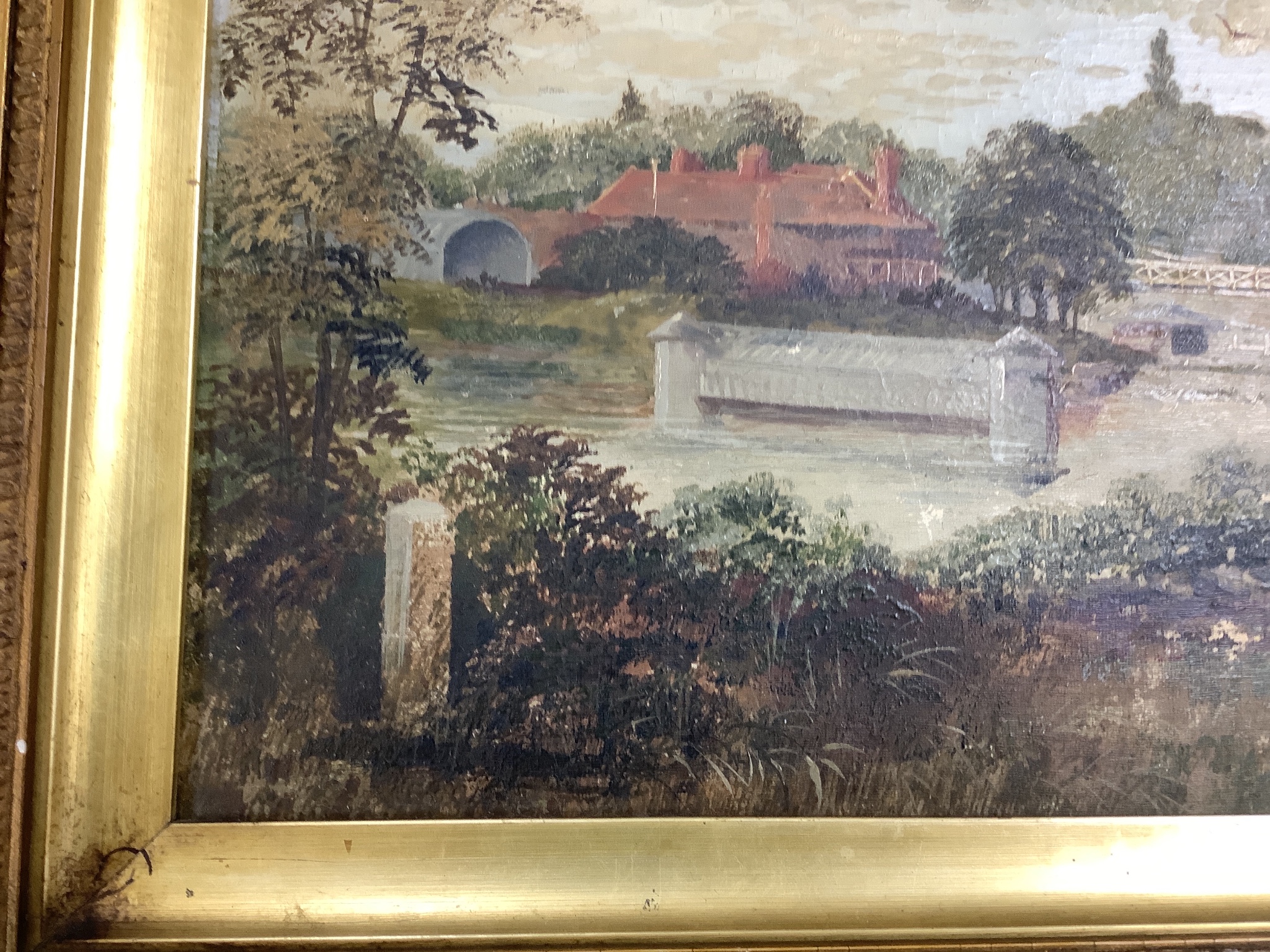 English School c.1900, oil on canvas, Bridge and weir over The Thames, 23 x 47cm